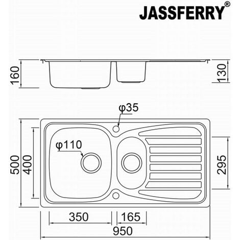 JASSFERRY 950 x 500 mm Stainless Steel Kitchen Sink Inset 1.5 Bowl Reversible Drainer with Waste Pipes Clips