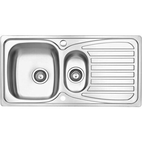 JASSFERRY 950 x 500 mm Stainless Steel Kitchen Sink Inset 1.5 Bowl Reversible Drainer with Waste Pipes Clips