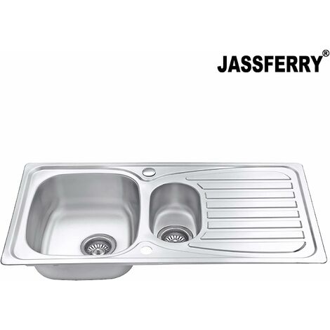 JASSFERRY 950 x 500 mm Stainless Steel Kitchen Sink Inset 1.5 Bowl Reversible Drainer with Waste Pipes Clips