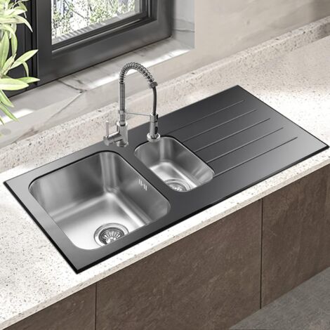 JASSFERRY Glossy Black Glass Top Kitchen Sink Stainless Steel 1.5 One Half Bowl Right Hand Drainer, 1000 X 500 mm