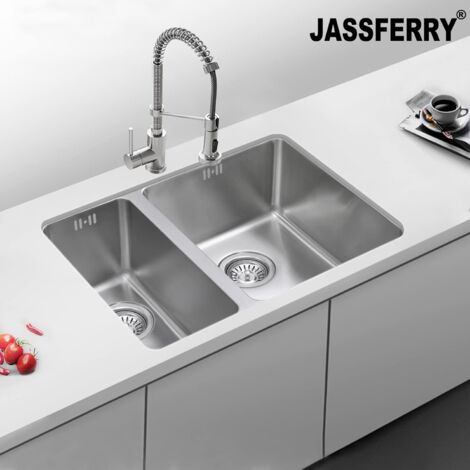 JASSFERRY Undermount Stainless Steel Kitchen Sink 1.5 Bowl Lefthand Smaller Bowls with Strainer Waste & Pipe Kit 590 X 440 mm
