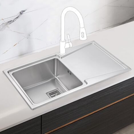 JASSFERRY Inset Kitchen Sink 1.2 mm Thickness Stainless Steel 1 Rectangle Bowl Right Hand Drainer Square Strainer Plug Waste Pipe Kit