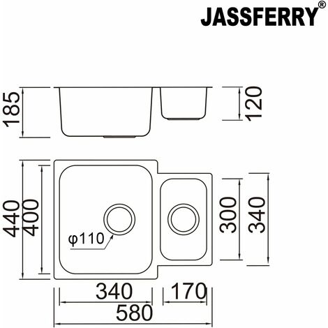 JASSFERRY Undermount Stainless Steel Kitchen Sink 1.5 One Half Bowl with Strainer Waste, 580 X 440 mm