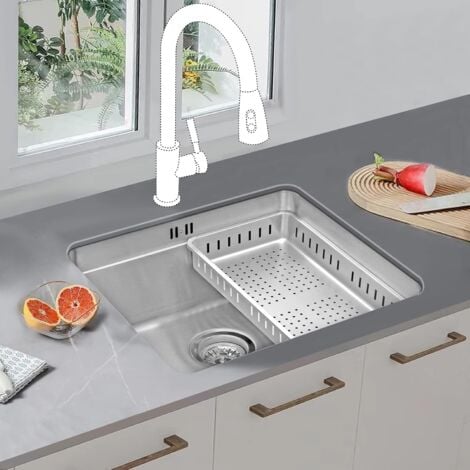 JASSFERRY Undermount Kitchen Sink Single Deep Bowl with Stainless Steel Dish Drainer Rack with Strainer Waste, 490 x 440 mm