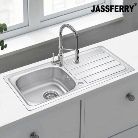 JASSFERRY Stainless Steel Kitchen Sink Single 1 One Bowl Reversible with Waste Pipes Clips, 930 x 430 mm