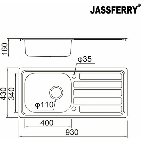 JASSFERRY Stainless Steel Kitchen Sink Single 1 One Bowl Reversible with Waste Pipes Clips, 930 x 430 mm