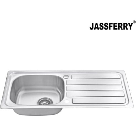 JASSFERRY Stainless Steel Kitchen Sink Single 1 One Bowl Reversible with Waste Pipes Clips, 930 x 430 mm