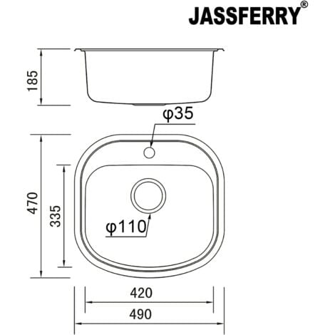JASSFERRY Kitchen Sink Drop-in Stainless Steel Single Bowl Campervan RV with Pre-drilled Tap Hole 490 x 470 MM