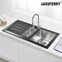 JASSFERRY Black Glass Top Kitchen Sink Stainless Steel 1.5 One Half Deep Bowls Left Hand Drainer with Draining Groove, 1000 X 500 mm