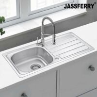 JASSFERRY Stainless Steel Kitchen Sink Single 1 One Bowl Reversible with Waste Pipes Clips, 930 x 430 mm