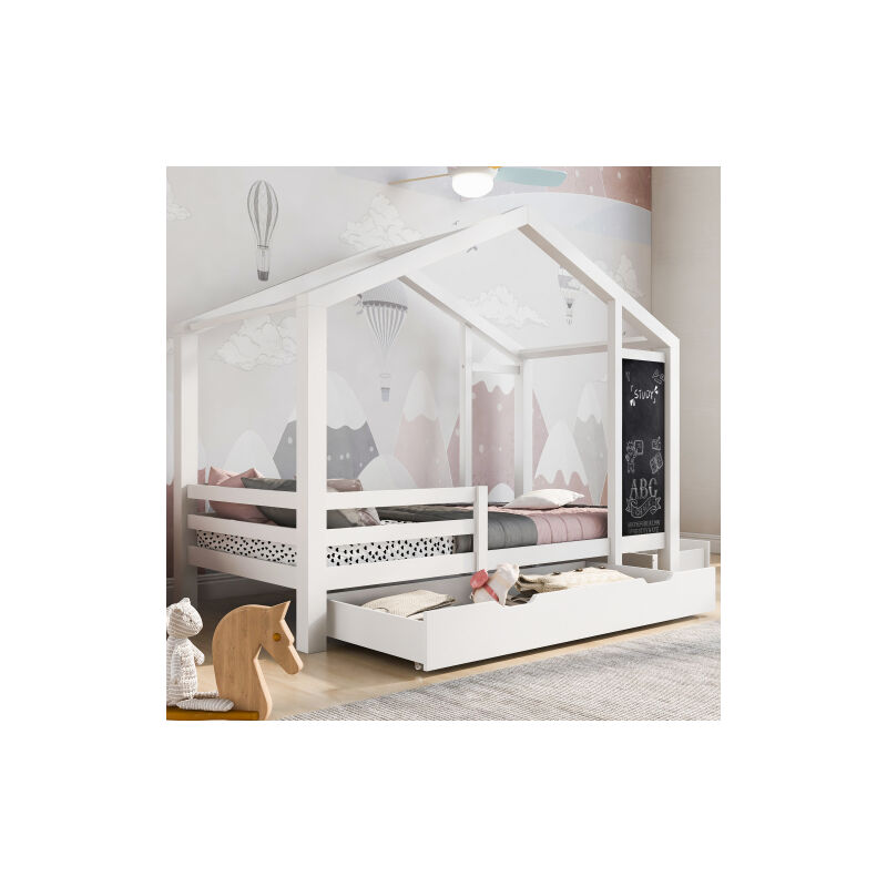 Lit Cabane Enfants 90x190 Cm En Métal Blanc - Lit Bébé Avec Clôture Et Base, Cadre Sans Matelas