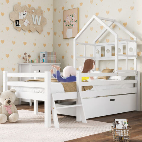 Liberté – Lit mezzanine cabane enfant 90x200cm – Bois massif avec protection antichute – Échelle et tiroirs de rangement – Dimensions 207x97x159cm