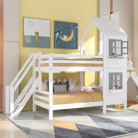 Liberté – Lit superposé enfant avec fenêtre et protection antichute – Cadre en pin blanc – Dimensions matelas 90x200cm – Escaliers latéraux sécurisés