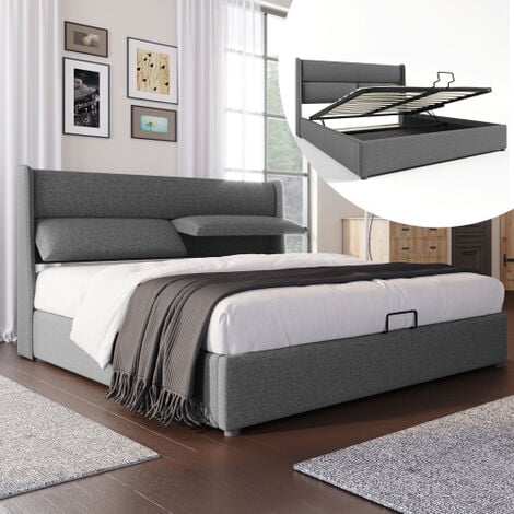 Lit double rembourré avec appuie-tête réglables et rangement, cadre de lit  en lin, lit d