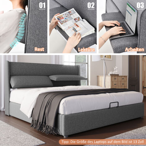Lit Double Yaheetech 140x200cm - Tête De Lit Réglable - Capitonné Beige - Bois Et Métal
