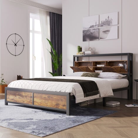 Lit double en métal 140 x 200 cm avec tête de lit rangement et sommier à lattes, lit adulte, enfant, ados