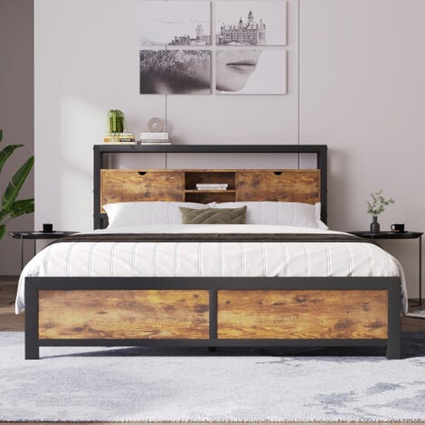 Lit double en métal 140 x 200 cm avec tête de lit rangement et sommier à lattes, lit adulte, enfant, ados