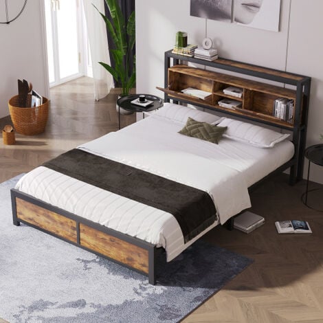 Lit double en métal 140 x 200 cm avec tête de lit rangement et sommier à lattes, lit adulte, enfant, ados