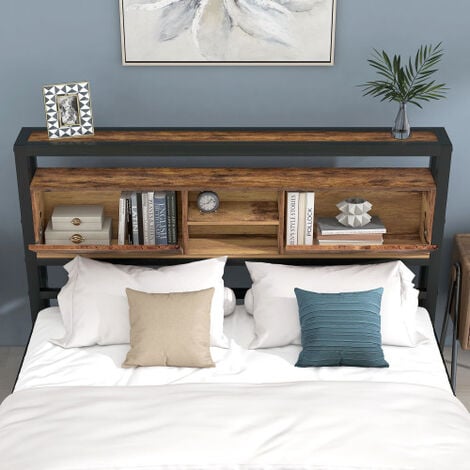 Lit double en métal 140 x 200 cm avec tête de lit rangement et sommier à lattes, lit adulte, enfant, ados