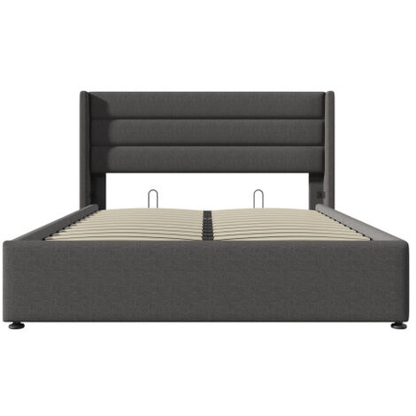 Lit Coffre 140x200 Avec Rangement, LEDs Et Prises USB – Gris Lin, Matelas Inclus, Design Moderne Et Fonctionnel