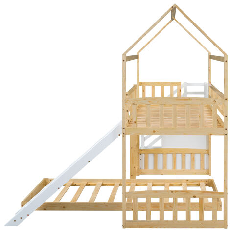 Lit Superposé Cabane En Bois Avec Toboggan Et Escalier - 90x200 Cm - Pin Et Métal, Blanc - Sans Matelas - 3