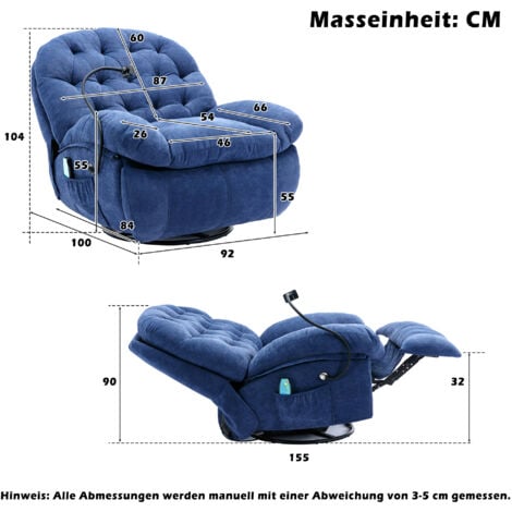 Fauteuil de relaxation 360 électrique polaire Teddy, fauteuil pour personne agée avec fonction inclinable,massage, chaleur, et télécommande, nouveau modèle - bleu