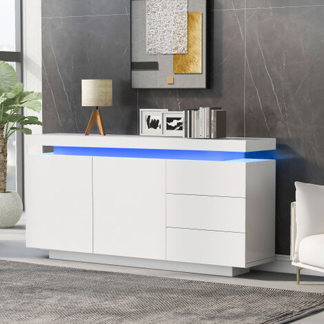 Buffet Blanc Brillant Avec Effet Chêne HOMCOM – 4 Portes, étagères Réglables, Design Moderne Pour Salon Et Salle à Manger (141x35x77 Cm)