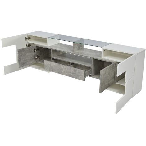 Meuble TV 200 Cm Blanc Brillant - Avec éclairage LED Et étagères En Verre - Pour Salon Moderne (200x39x42 Cm)