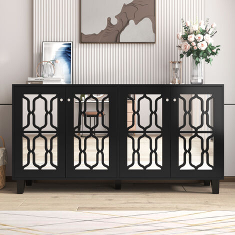 Buffet noir miroir avec quatre portes et poignées effet cristal pour salon et salle à manger, 160 x 40 x 84 - noir (1/5)