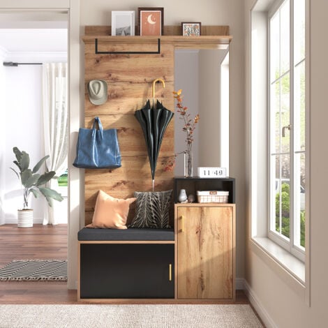 Meuble d'entrée avec 4 patères, miroir, meuble à chaussures, porte-manteau mural, compartiment de rangement, porte-manteau