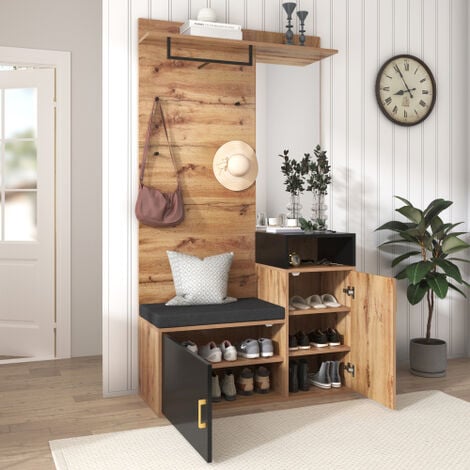 Meuble d'entrée avec 4 patères, miroir, meuble à chaussures, porte-manteau mural, compartiment de rangement, porte-manteau