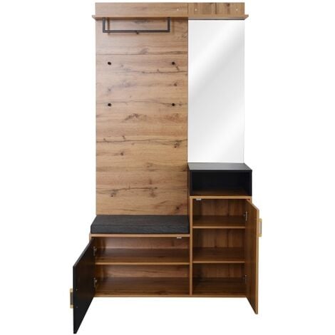 Meuble d'entrée avec 4 patères, miroir, meuble à chaussures, porte-manteau mural, compartiment de rangement, porte-manteau