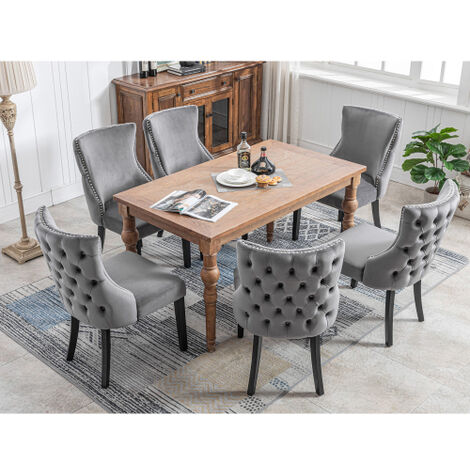 Ensemble de 6 Chaises de salon en velours gris, avec matelassage à boutons, structure en bois massif (1/5)
