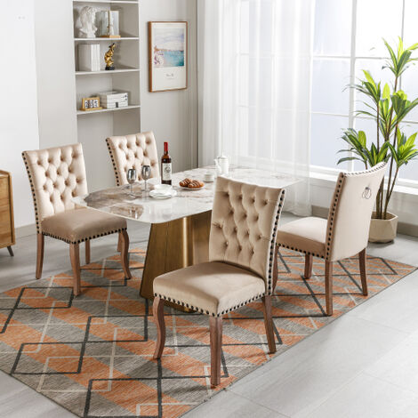 Lot de 4 Chaises de salle à manger rembourrée avec garniture tête de clou, pieds en bois massif, revêtement en velours, camel clair (1/5)