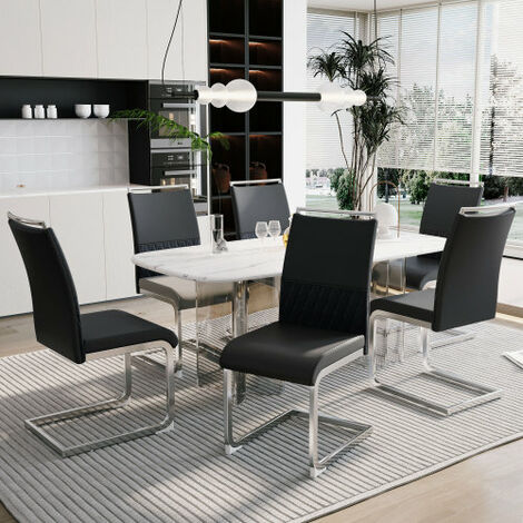 Liberté – Lot de 6 chaises d'appoint rembourrées – Dossier haut en simili cuir PU et lin – Dimensions assise 42x45cm – Couleur noire (1/5)