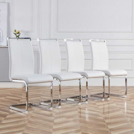 Liberté – Lot de 4 chaises cantilever – Structure en métal chromé – Rembourrage doux en simili cuir blanc – Hauteur d'assise 46 cm (1/5)