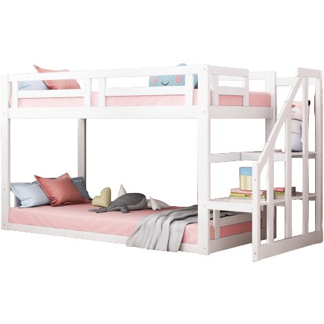 Lit superposé enfant 90200cm avec escalier de sécurité, cadre en bois massif et sommier à lattes, blanc (1/5)