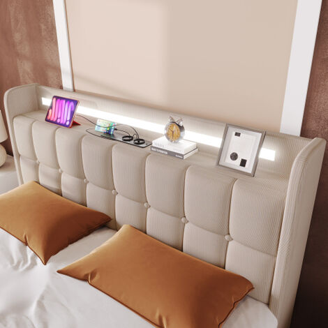 Lit Double 160x200 Avec Coffre Hydraulique, Tables De Chevet, Ports USB Et éclairage - Velours Gris/naturel, Sommier Lattes - 2
