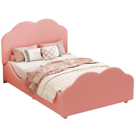 Lit enfant nuage capitonné 90 x 200 cm, cadre de lit enfant à balustrade. Lit simple en velours doux, rose (1/5)