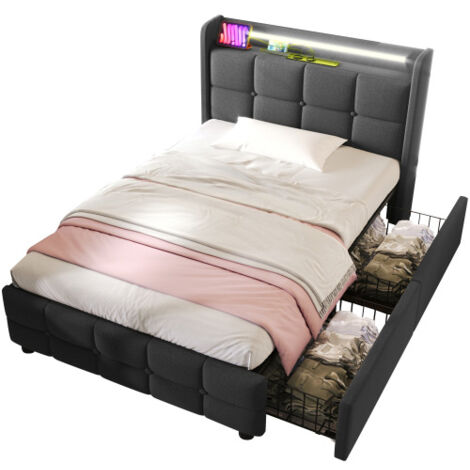 Lit simple rembourré 90x200cm avec prise USB, éclairage LED et 2 tiroirs, sommier à lattes en bois, noir-gris (1/5)