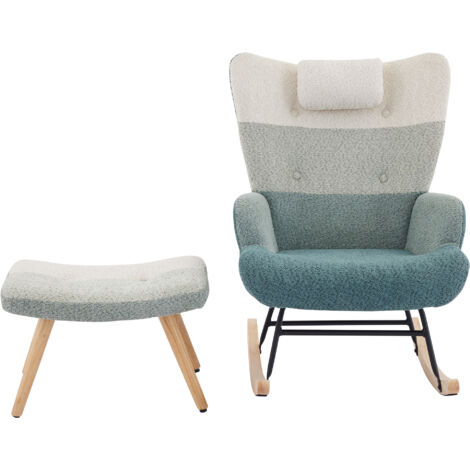 Fauteuil à bascule avec tabouret, jambes en bois de caoutchouc, cadre en fer injecté, patchwork (1/5)