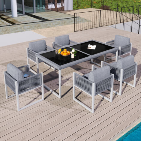 Salon de jardin - Structure Métal - 1 Table Bass - 6 personnes - Beige+Blanc (1/5)