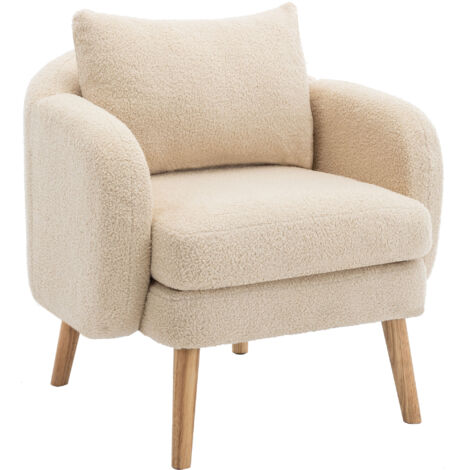 Fauteuil moderne simple en velours Teddy avec coussin, pieds en bois massif , Beige
