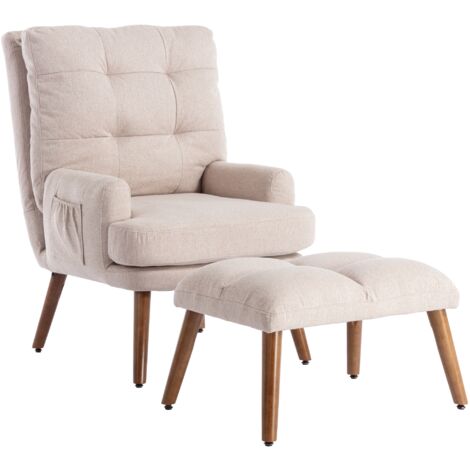 Fauteuil de loisirs avec repose-pieds et poches latérales, dossier réglable, beige (1/5)