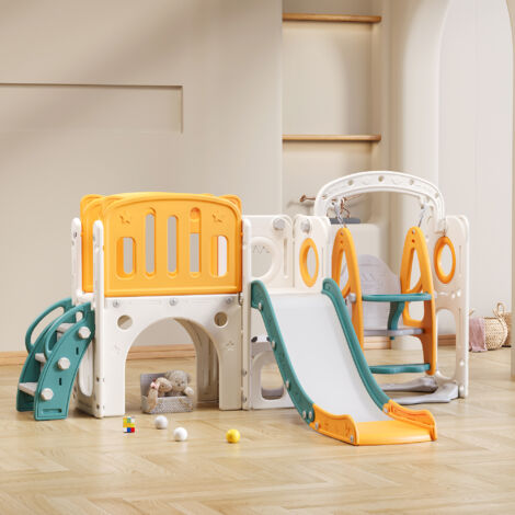 Toboggan Enfant 4 En 1 LZQ - Avec Panier Basket, Balançoire Et Escalade, Intérieur/Extérieur, Bleu