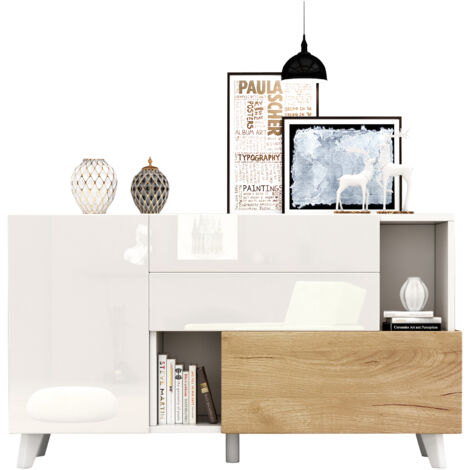 Commode ,Buffet Meuble de rangement moderne, blanc brillant, couleur bois minimaliste (1/5)