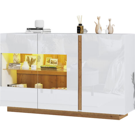 Buffet brillant 138x38x90,5 cm, socle en bois, panneau de particules avec verre, blanc (1/5)