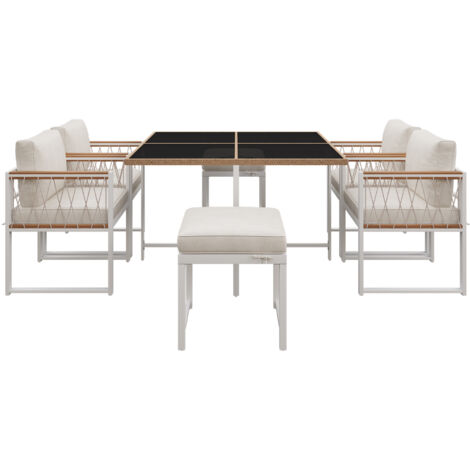 Salon de jardin - Structure Acier - 1 Table en verre trempé - 6 personnes - Blanc (1/5)
