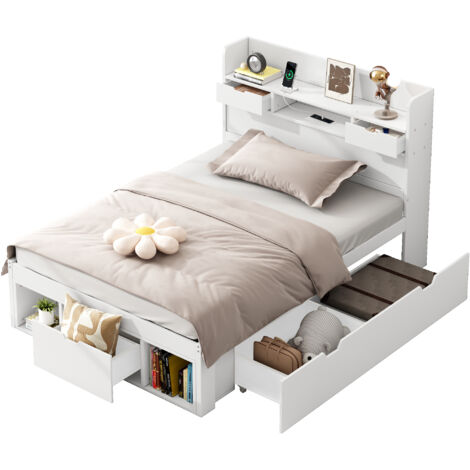 Lit simple 90x200cm sans matelas, blanc, MDF, avec port USB, tiroirs, armoire rangement (1/5)