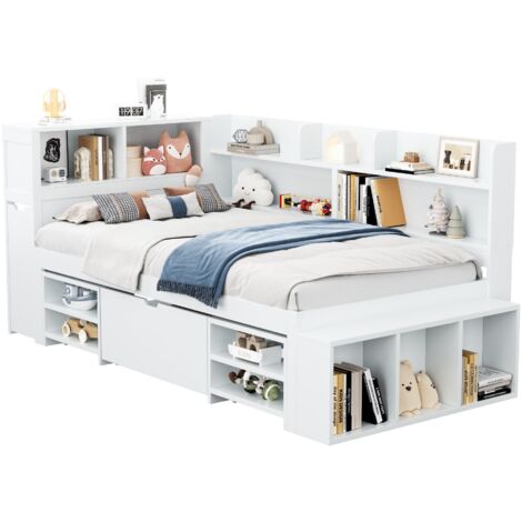 Lit enfant 90 x 200 cm, lit simple avec tiroirs, grand espace de rangement, sommier à lattes, blanc, sans matelas (1/5)